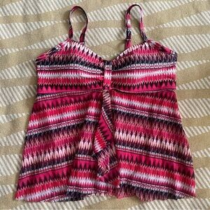 Krista Plus Size Pink & Black Aztec Tankini Top w Flowy Mesh Hem – Size 1X EUC